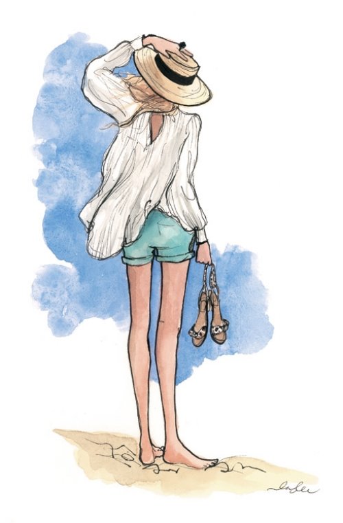 летняя девушка для срисовки в белой рубашке и коротких мятных шортиках придерживает шляпу на голове