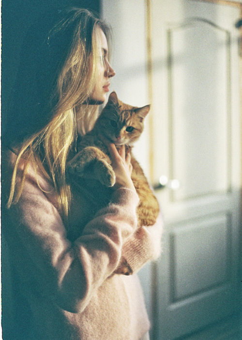 девушка в свитере с кошкой на руках дома
