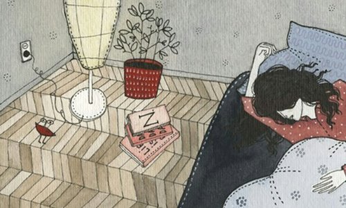 нарисованная брюнетка в постели на полу лежат книги
