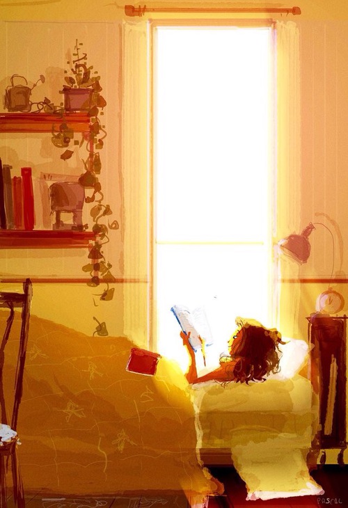 девушка читает книгу лежа в постели чтобы срисовать