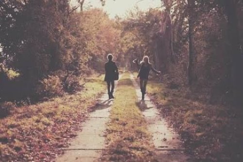 парень и девушка гуляют по осеннему лесу вдалеке в солнечную погоду