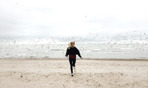 девушка на утренней пробежке у моря с чайками
