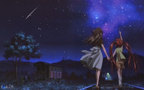 две сестры идут по рельсам и смотрят вверх в небо на звездопад загадывая желания