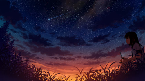 девушка сидит ночью в поле в траве смотрит на падающую звезду