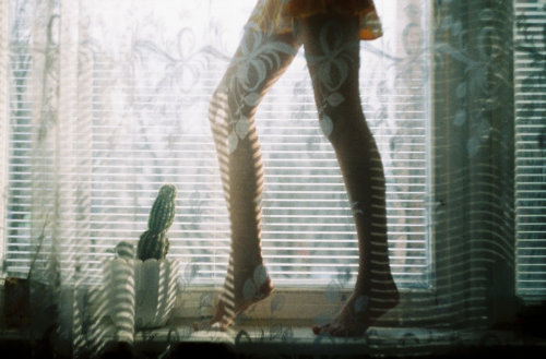 ноги дівчини на підвіконні без обличчя біля вазона з кактусом