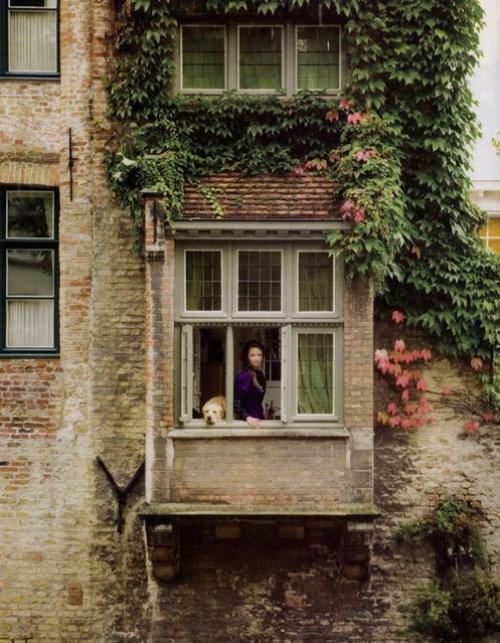 девушка с собакой на кирпичном балконе