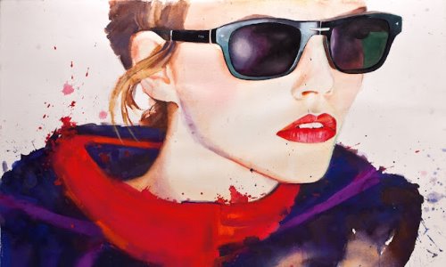 модная девушка в солнцезащитных очках нарисованная акварелью