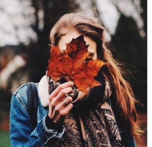 замужняя девушка прикрылась кленовым листиком осенью в джинсовой куртке не видно лица