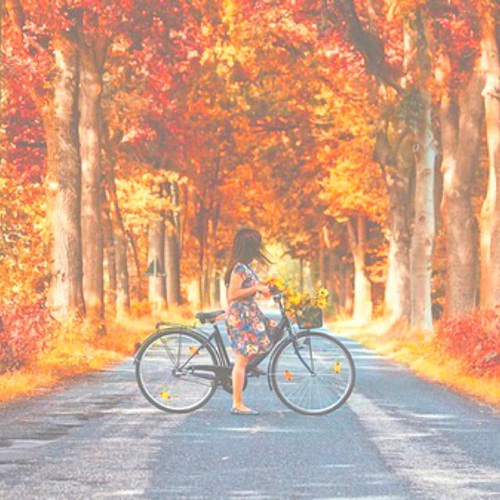 девушка в платье катается на велосипеде в осеннем золотом лесу