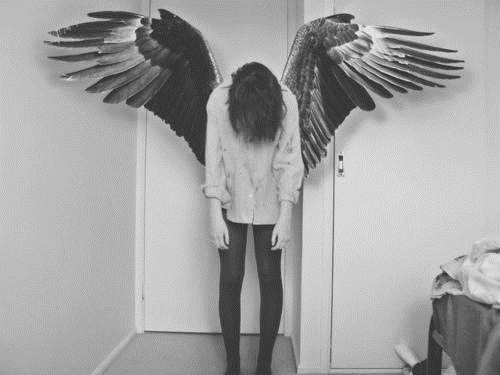 идеи фотосессии с темными крыльями ангела в комнате