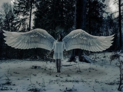 девушка зимой с огромными крыльями ангела