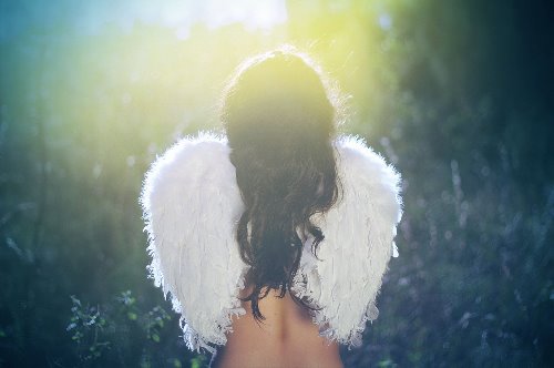 брюнетка с пушистыми крыльями ангела со спины