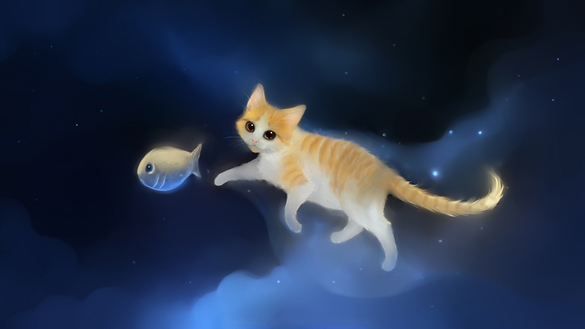 котенок с рыбкой на рабочий стол иллюстрация