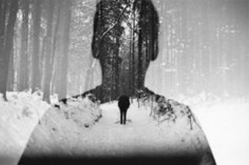 парень в зимнем лесу двойная экспозиция