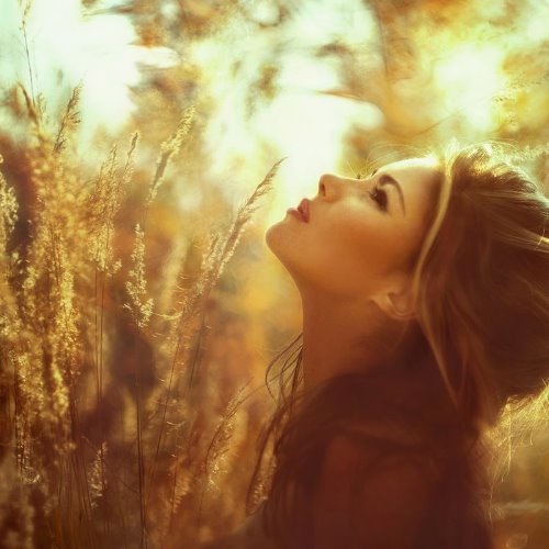 ванильное фото среди желтой травы девушка смотрит вверх