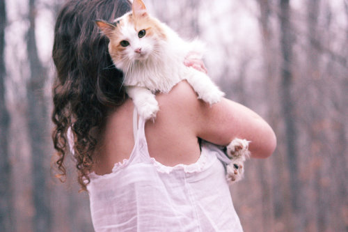 фото девушки со спины с кошкой на плече