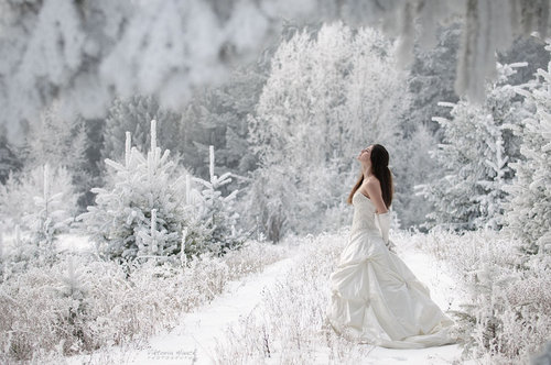 невеста в свадебном платье стоит среди белоснежных заснеженных сказочных елок