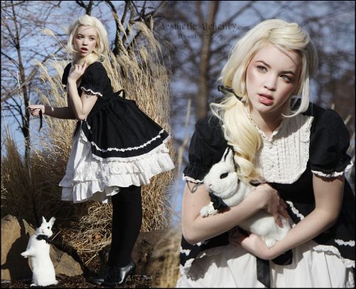 блондинка в черно-белом платье костюме Алисы в стране чудес стоит осенью на фоне голых деревьев с ней кролик пандового окраса с бантом на шее