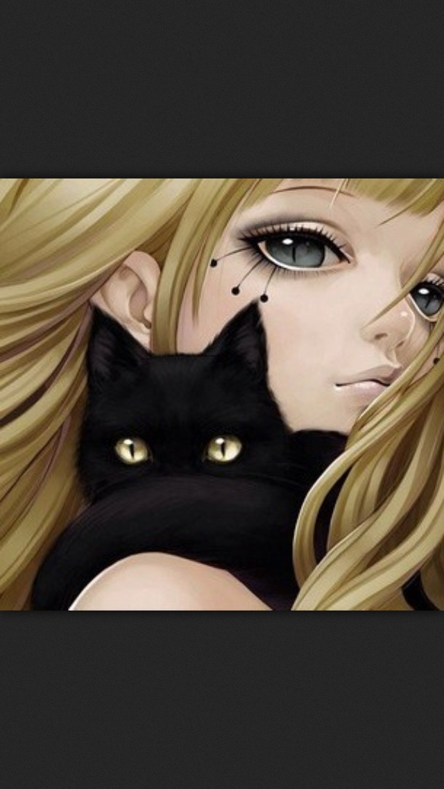 анимэ девушка с черной кошкой на плече