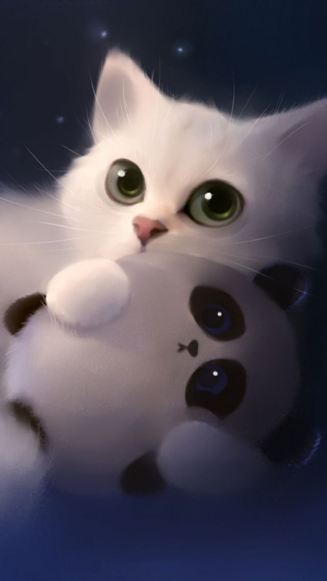 милый белый котёнок обнимает панду