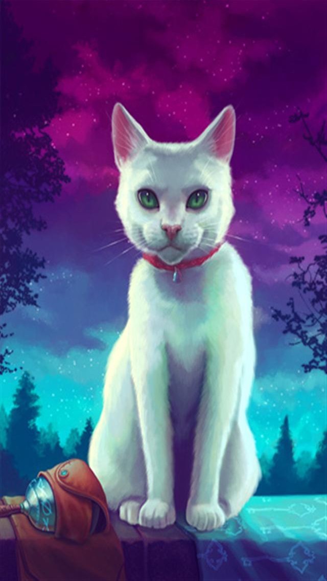 белая кошка фиолетовое небо