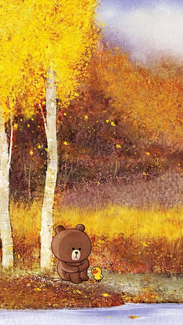 грустный мишка с утёнком под деревом осенью