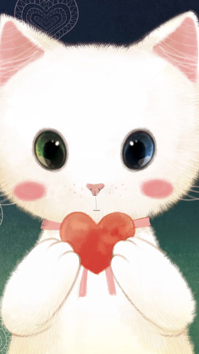 белый кот с разноцветными глазами держит сердечко обои
