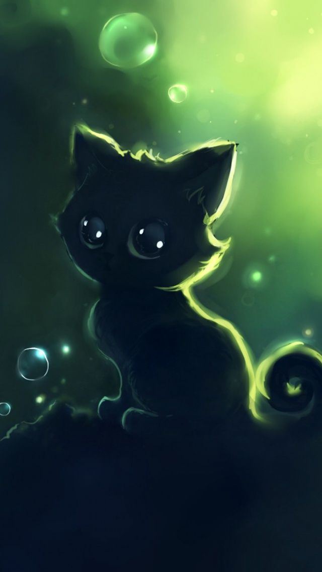 черный котенок с красивыми глазками в зеленых пузырях