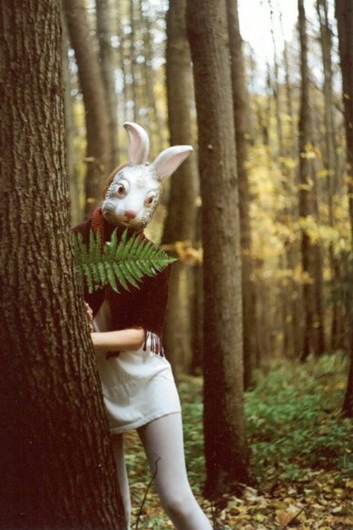 Девушка в белом коротком платье и белых колготках в лесу выглядывает из-за дерева в маске зайчика