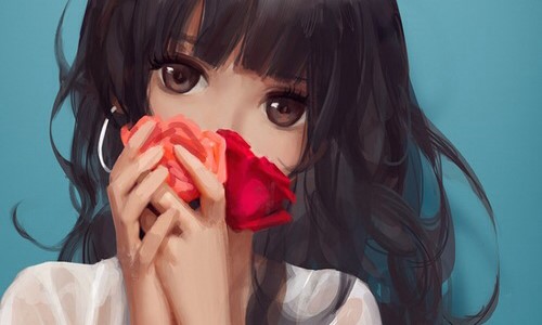 нарисованная кареглазая девушка с большими глазами держит две розы