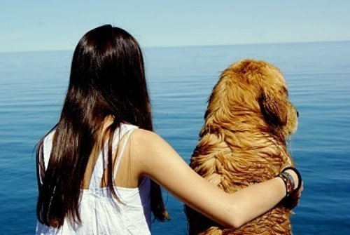 Девушка со спины обнимает рядом сидящую собаку
