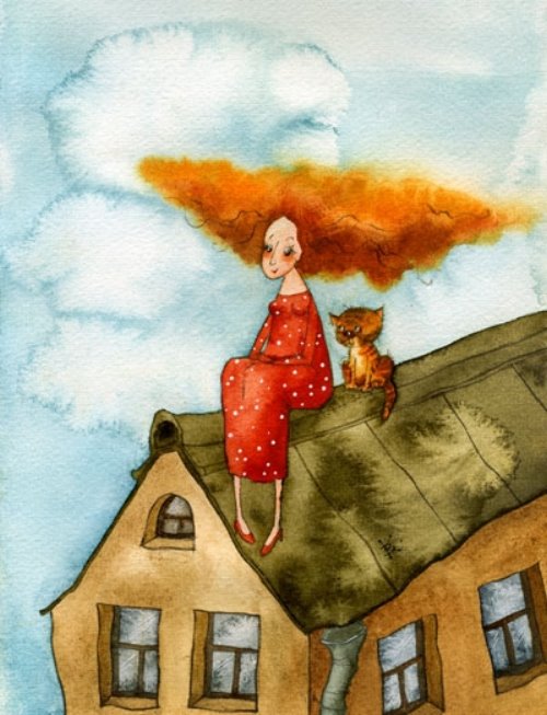 рыжая девушка в красном платье на крыше с котом для срисовки
