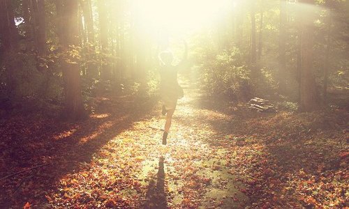 девушка вдалеке радостно бежит в лучах солнца в осеннем лесу