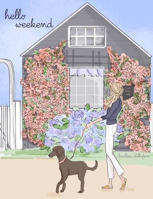нарисованная блондинка выгуливает собаку среди цветущих деревьев