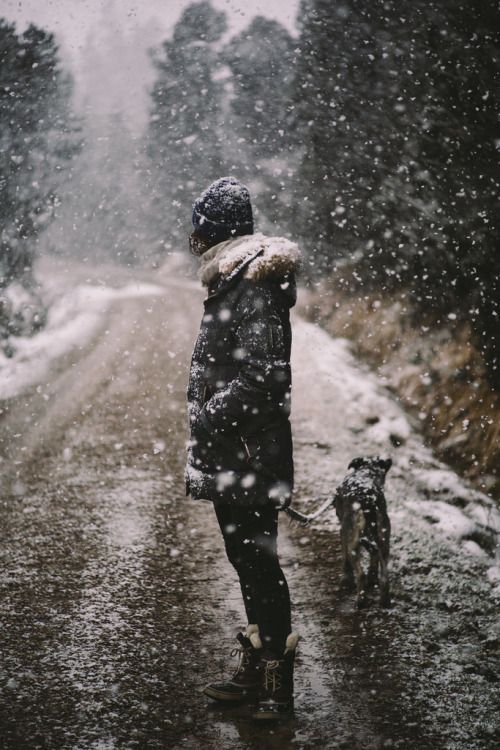 девушка выгуливает собаку в снег