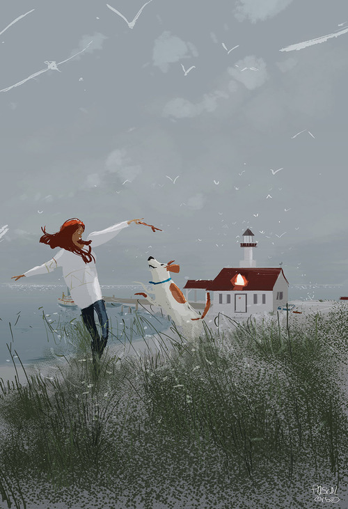 девушка гуляет с собакой по берегу моря иллюстрация