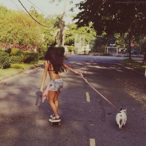 девушка в джинсовых шортиках на скейте с собакой