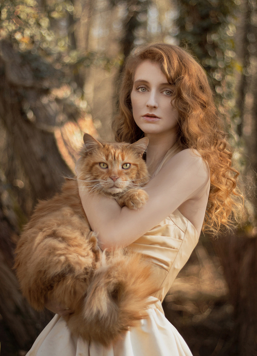 девушка с каштановыми волосами с огромной рыжей кошкой на руках