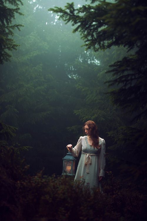 рыжая девушка с фонарем в хвойном лесу в тумане