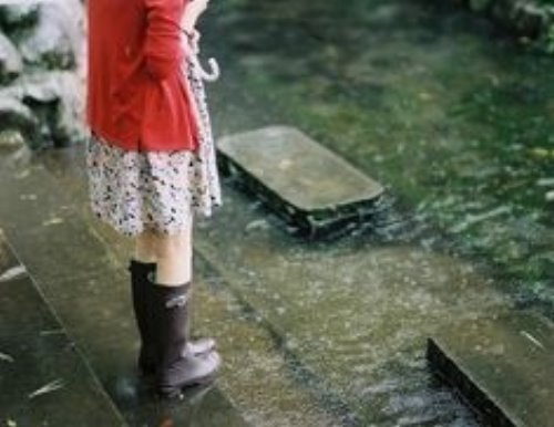 девушка в резиновых сапогах смотрит на лужи под зонтом