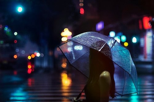 девушка под зонтом в огнях ночного города осенью под дождем