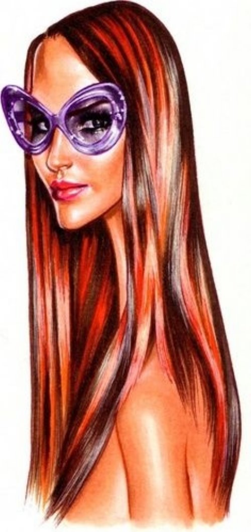 рыжая девушка с шикарными волосами в экстравагантных очках для срисовки
