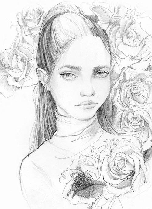 красивая девушка нарисованная простым карандашом в розах