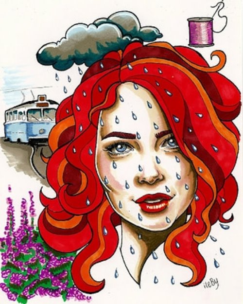 рыжая девушка, тучи с дождем, нитки, поезд, лаванда