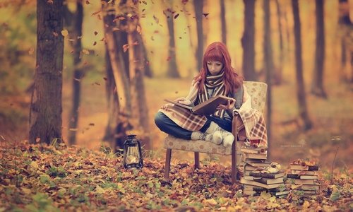девушка в осеннем парке в кресле с пледом читает книги идеи для фотосессии