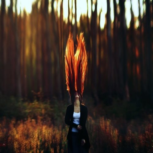 идея фото длинноволосой рыжей девушки в парке среди высоких деревьев