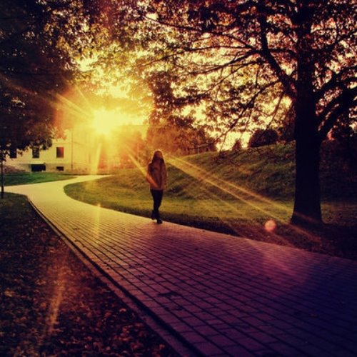 девушка гуляет по солнечному осеннему парку