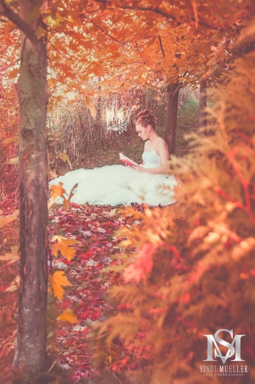 девушка в белом длинном платье читает под осенним деревом сидя на поляне