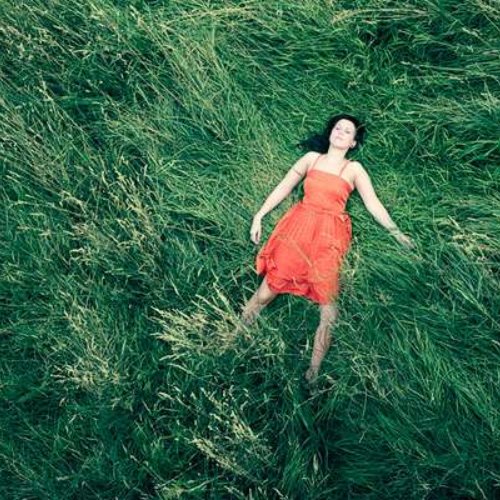 девушка в красном платье лежит на спине в высокой траве вид сверху