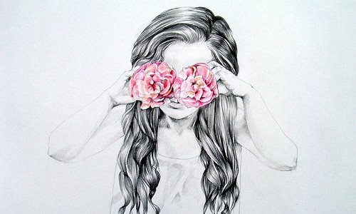 нарисованная чернобелая девушка с двумя розовыми цветами закрывающими глаза